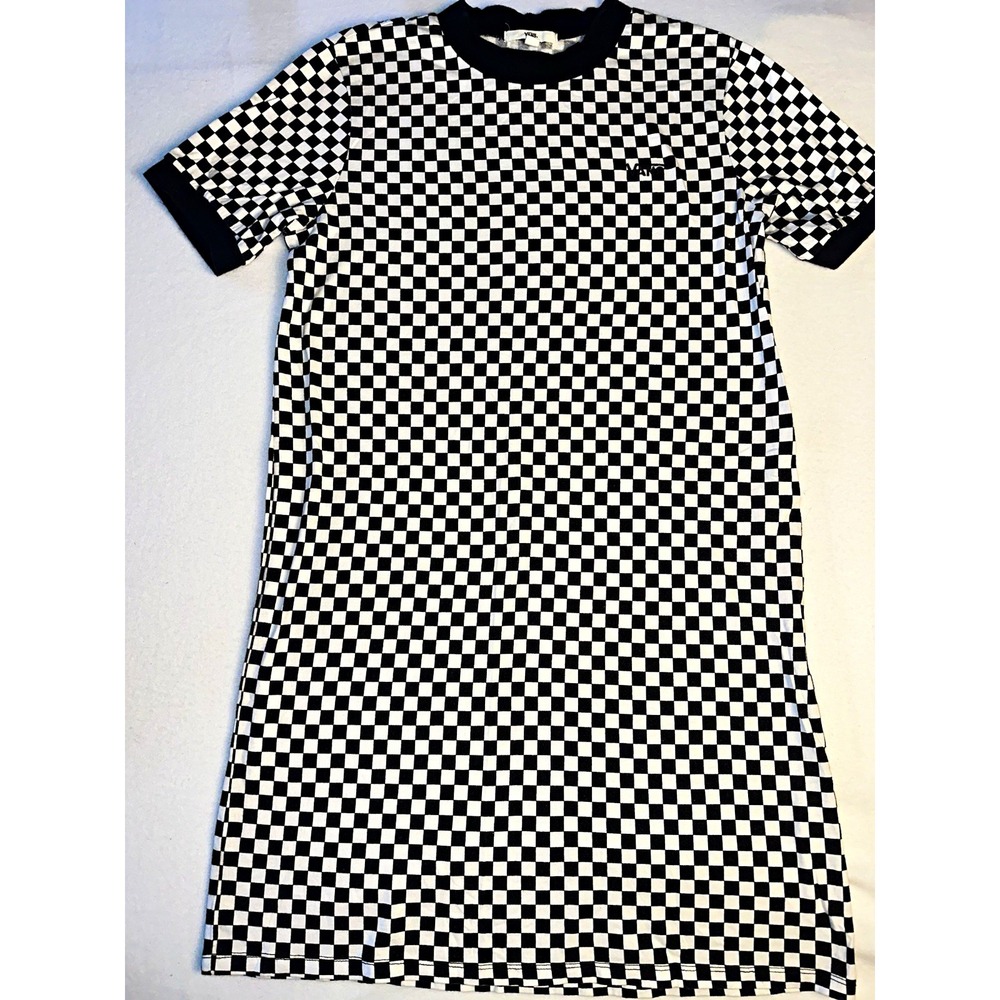 VANS Women's Black White Check Knit Shift Dress Crew Neck Knee Length M